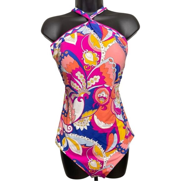Trina Turk halter multicolored one piece swimsuit size 14 - Picture 1 of 6
